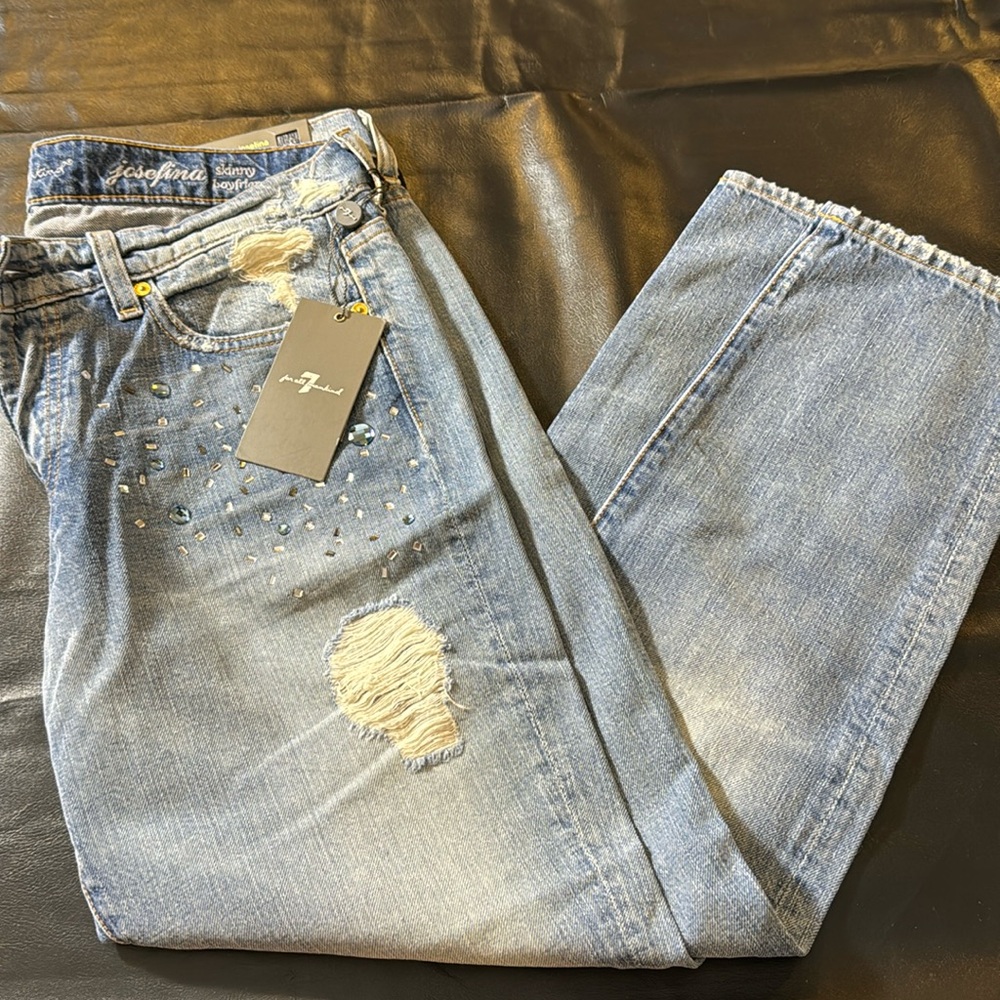 7 For All Mankind Light Blue Distressed Embellished Jeans